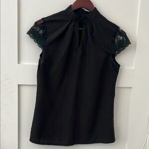 Black Fitted Cap Sleeve Blouse with Embellished Mandarin Collar
